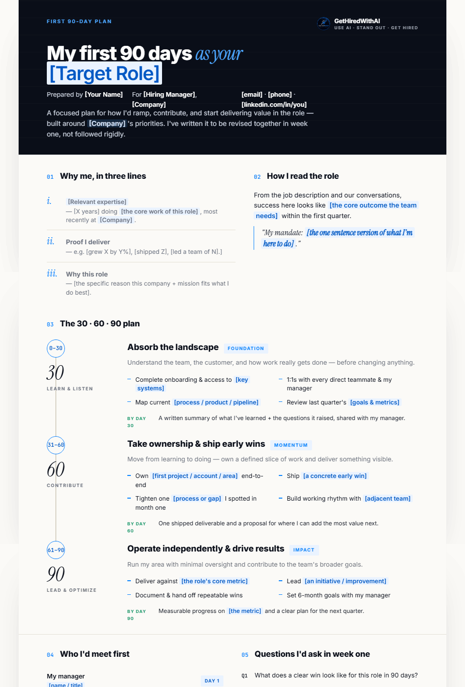 First 90 Days Templates — GetHiredWithAI