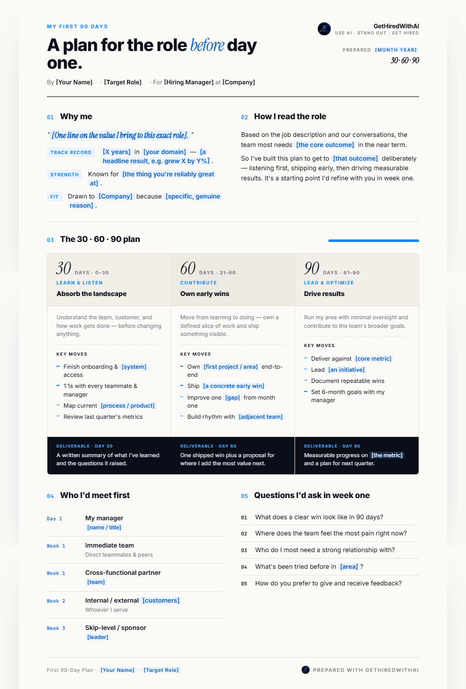 First 90 Days Templates — GetHiredWithAI